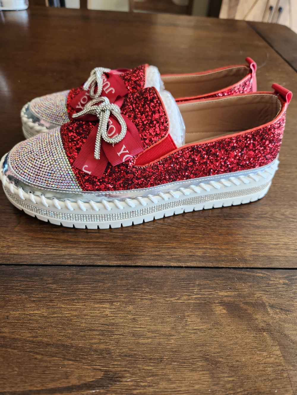 Women's Red Glitter & Rhinestone Slip-On Loafers Just For You Size 38.5(7.5) NEW - Picture 2 of 7